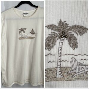 Ribbed Bonworth Dressy Top with Beach Embellished Design and Trim Accents.